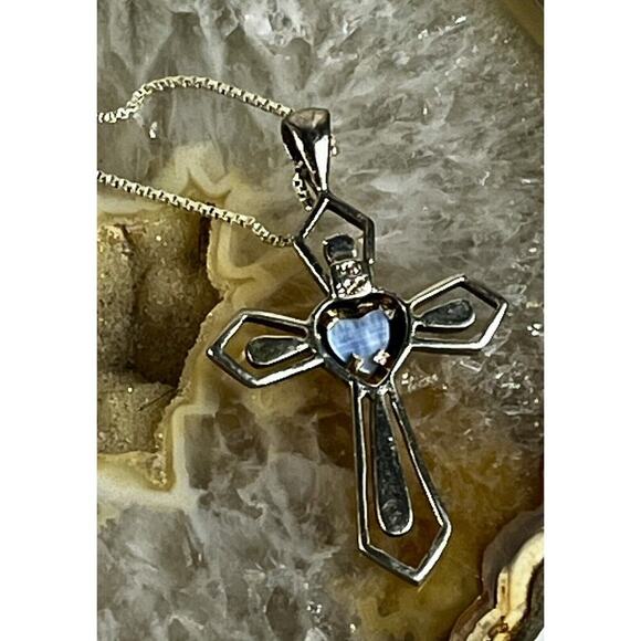 Sterling Silver FACETED STONE CROSS w Center Stone Pendant 925 MO & Necklace VTG - Picture 12 of 14